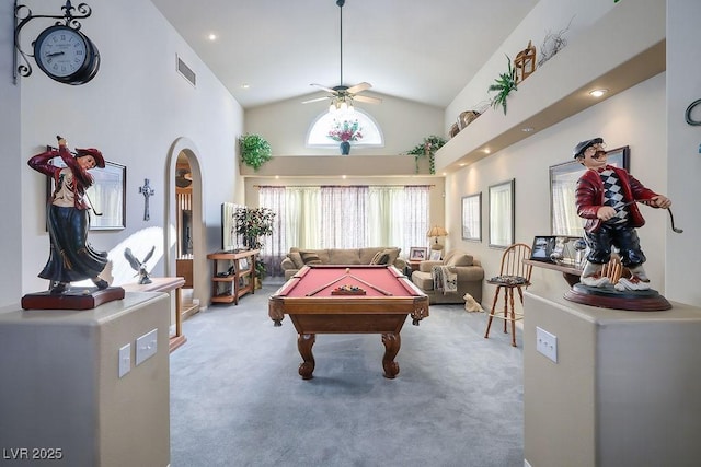 816 Sandsprings St, Henderson, NV 89011 - game room featuring ceiling fan, billiards table, light colored carpet, high vaulted ceiling, and arched walkways