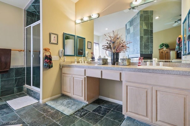 816 Sandsprings St, Henderson, NV 89011 - full bath featuring double vanity, tiled shower, and ceiling fan