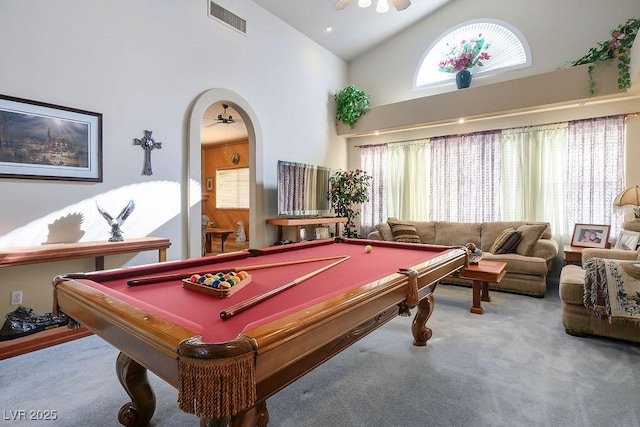 816 Sandsprings St, Henderson, NV 89011 - game room featuring carpet, ceiling fan, billiards, and high vaulted ceiling
