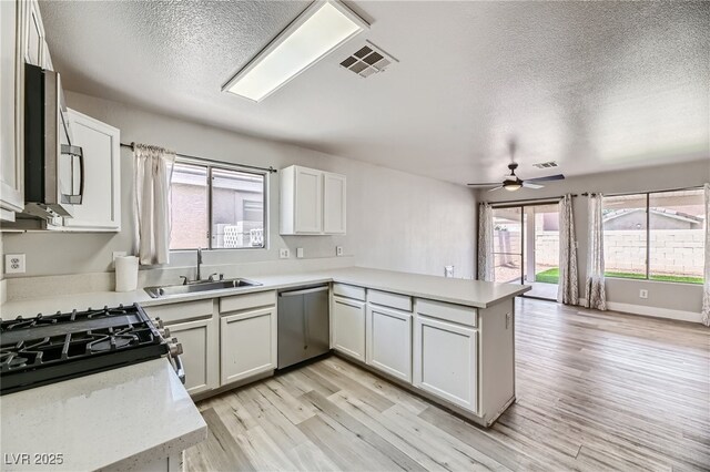 1038 Silver Creek Ave, Las Vegas, NV 89183 - kitchen featuring stainless steel appliances, a textured ceiling, a peninsula, light countertops, and a ceiling fan