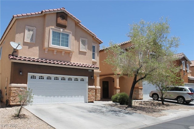 6922 Majestic Palm Dr, Las Vegas, NV 89122 - mediterranean / spanish-style house with stone siding, an attached garage, driveway, a tiled roof, and stucco siding