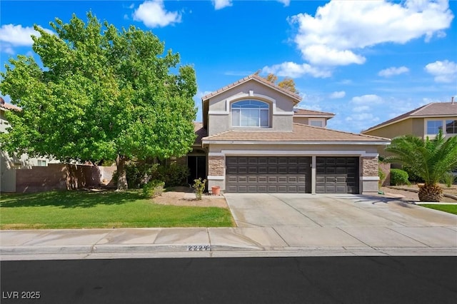 2229 Armacost Dr, Henderson, NV 89074 - view of front of home with driveway, a front lawn, a tiled roof, and stone siding