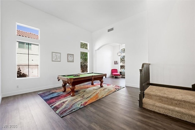 2229 Armacost Dr, Henderson, NV 89074 - recreation room with billiards, a high ceiling, and dark wood-type flooring