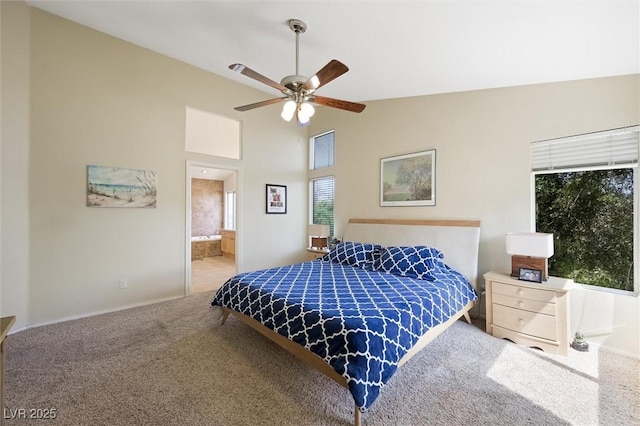 2229 Armacost Dr, Henderson, NV 89074 - carpeted bedroom featuring lofted ceiling, ensuite bath, and ceiling fan
