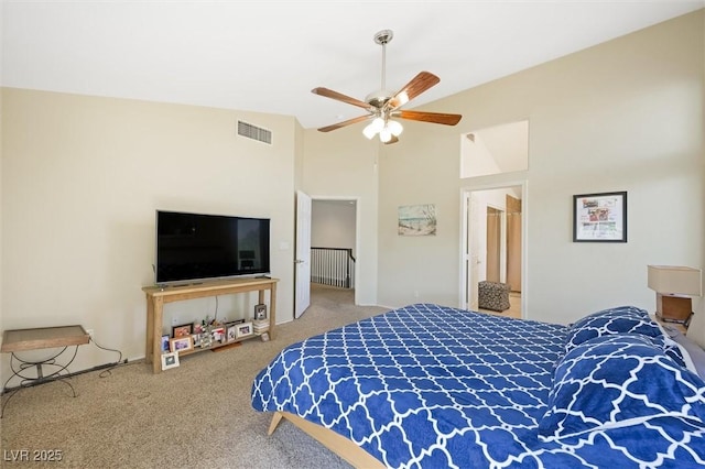 2229 Armacost Dr, Henderson, NV 89074 - bedroom featuring carpet floors, high vaulted ceiling, and ceiling fan