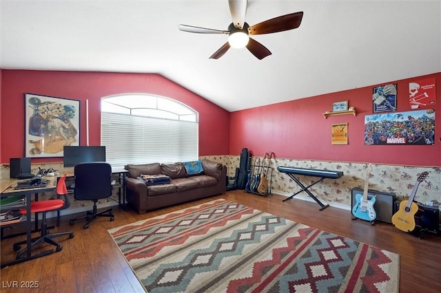 2229 Armacost Dr, Henderson, NV 89074 - office featuring a ceiling fan, vaulted ceiling, and wood finished floors