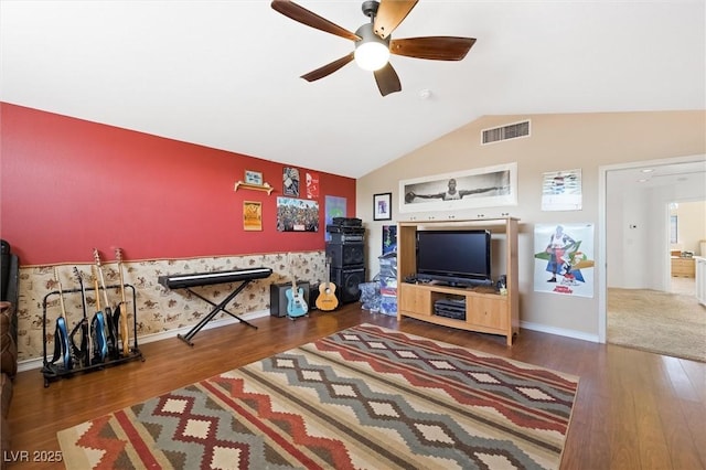2229 Armacost Dr, Henderson, NV 89074 - living room with vaulted ceiling, a ceiling fan, and wood finished floors