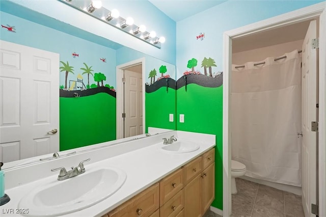 2229 Armacost Dr, Henderson, NV 89074 - bathroom with double vanity, a shower with shower curtain, and tile patterned floors