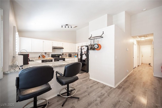 7231 Sequoia Springs Dr, Las Vegas, NV 89147 - kitchen with freestanding refrigerator, range, high vaulted ceiling, a peninsula, and under cabinet range hood