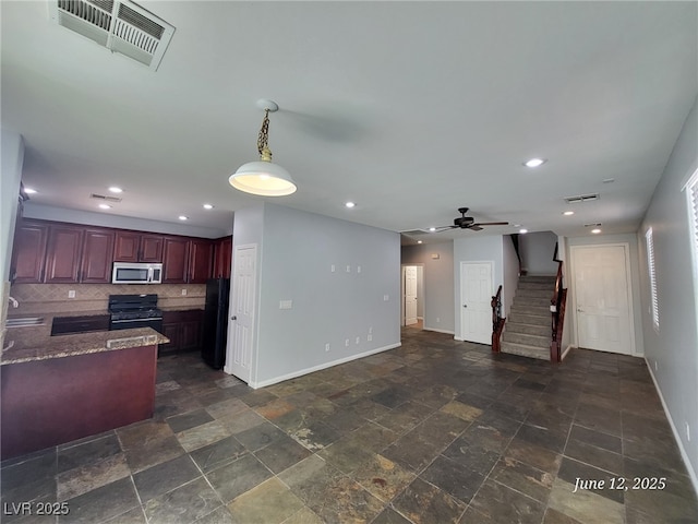 9530 Windsor Forest Ct, Las Vegas, NV 89123 - living room with stairway, a ceiling fan, dark stone finish flooring, and recessed lighting