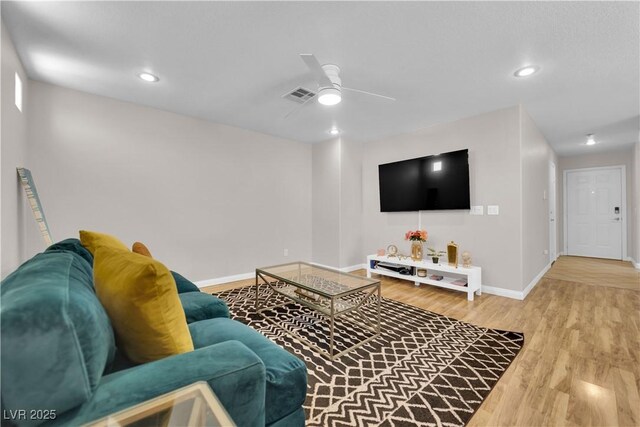 9957 Fine Fern St, Las Vegas, NV 89183 - living room with ceiling fan, wood finished floors, and recessed lighting