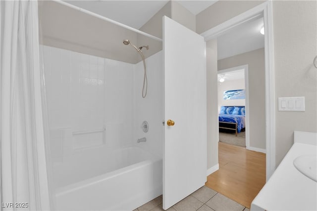 9957 Fine Fern St, Las Vegas, NV 89183 - full bath featuring shower / bathtub combination with curtain, vanity, and tile patterned flooring