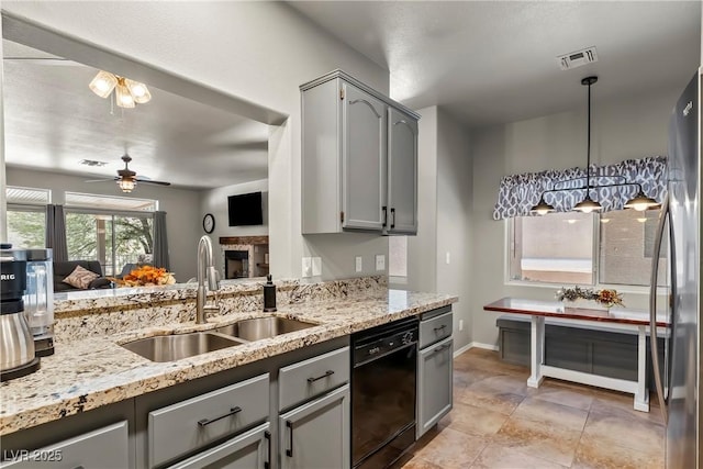 3337 Partridge Run St, Laughlin, NV 89029 - kitchen featuring dishwasher, gray cabinets, freestanding refrigerator, and a ceiling fan