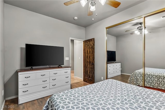 3337 Partridge Run St, Laughlin, NV 89029 - bedroom featuring wood finished floors, a closet, and ceiling fan