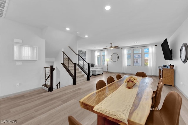 8072 Haywood Estate Ave, Las Vegas, NV 89113 - dining room featuring light wood finished floors, recessed lighting, a ceiling fan, and stairs