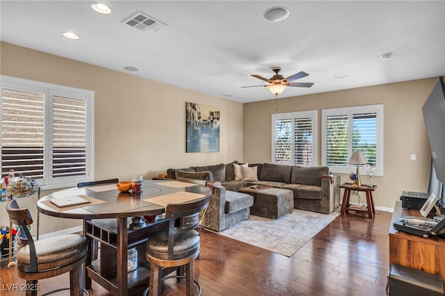 10312 Glimmering Star Dr, Las Vegas, NV 89178 - dining space with ceiling fan, dark wood finished floors, and recessed lighting