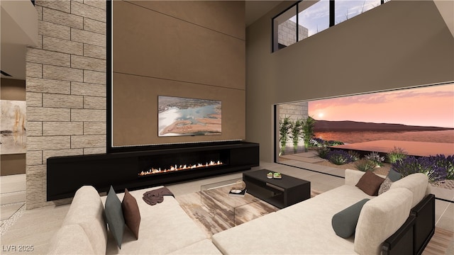 1516 Pleasant Bay Ct, Henderson, NV 89011 - living area featuring a warm lit fireplace and a towering ceiling