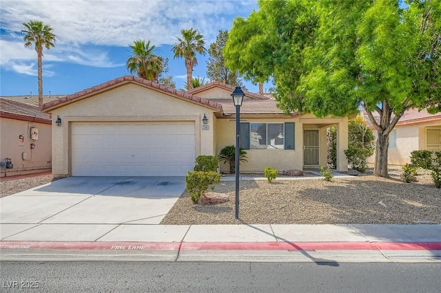 7547 Rolling River Dr, Las Vegas, NV 89131 - ranch-style house with stucco siding, an attached garage, concrete driveway, and a tiled roof