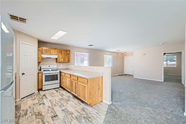 7547 Rolling River Dr, Las Vegas, NV 89131 - kitchen featuring white appliances, a peninsula, under cabinet range hood, light countertops, and open floor plan