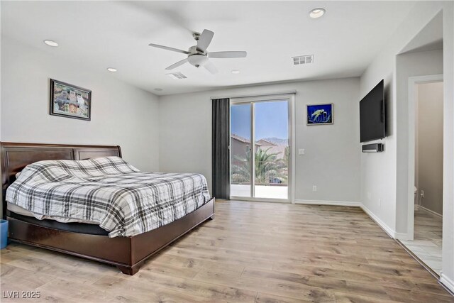 6489 Crest Estates St, Las Vegas, NV 89131 - bedroom featuring access to exterior, wood finished floors, recessed lighting, and a ceiling fan