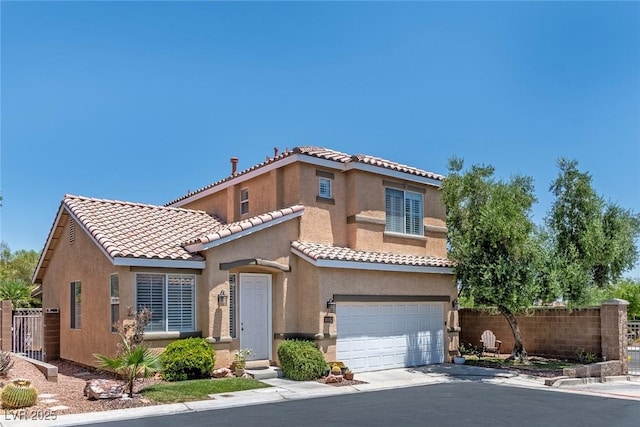 10352 Natural Springs Ave, Las Vegas, NV 89129 - mediterranean / spanish house with a garage, stucco siding, a tiled roof, and driveway