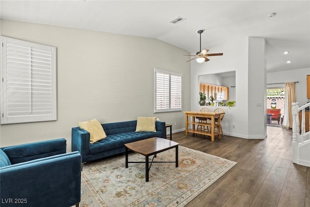 10352 Natural Springs Ave, Las Vegas, NV 89129 - living room featuring ceiling fan, hardwood / wood-style flooring, lofted ceiling, and recessed lighting
