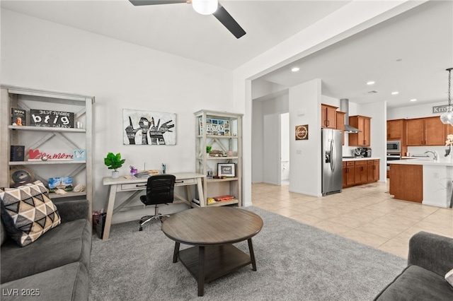 10160 Tree Blossom Ave, Las Vegas, NV 89166 - living area with a desk, ceiling fan, light tile patterned floors, and recessed lighting