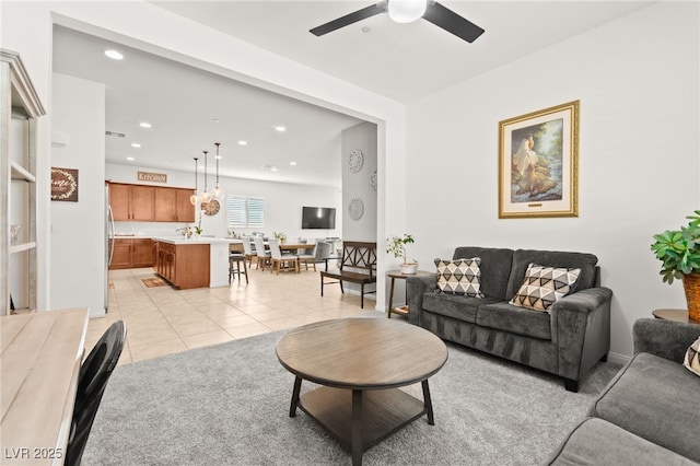 10160 Tree Blossom Ave, Las Vegas, NV 89166 - living room featuring a ceiling fan, recessed lighting, and light tile patterned floors