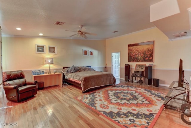1818 Waldman Ave, Las Vegas, NV 89102 - bedroom featuring light wood-style floors, ornamental molding, recessed lighting, and a ceiling fan