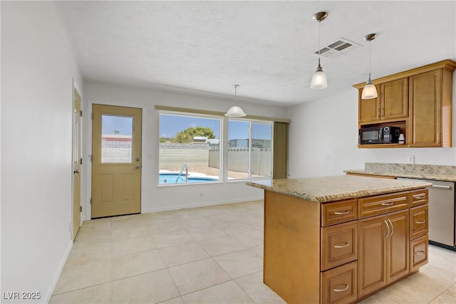 6358 Meadow Lark Ln, Las Vegas, NV 89103 - kitchen with dishwasher, black microwave, pendant lighting, brown cabinets, and a kitchen island