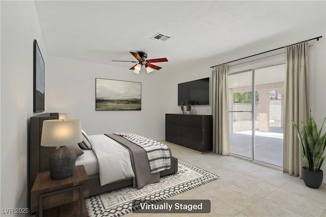 6358 Meadow Lark Ln, Las Vegas, NV 89103 - bedroom with access to exterior, light tile patterned flooring, and a ceiling fan