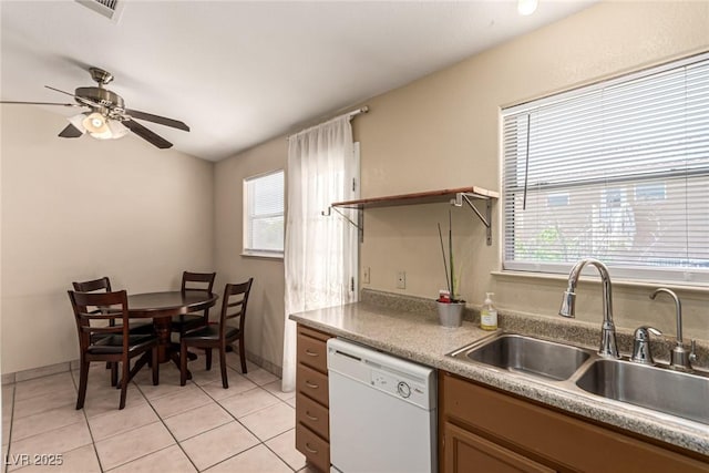 8041 Astrology Ct Unit 201, Las Vegas, NV 89128 - kitchen with white dishwasher, a ceiling fan, and light tile patterned floors
