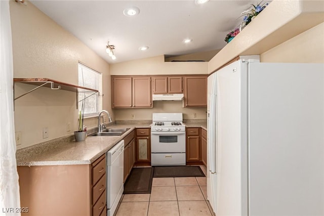 8041 Astrology Ct Unit 201, Las Vegas, NV 89128 - kitchen with white appliances, under cabinet range hood, light tile patterned flooring, light countertops, and recessed lighting