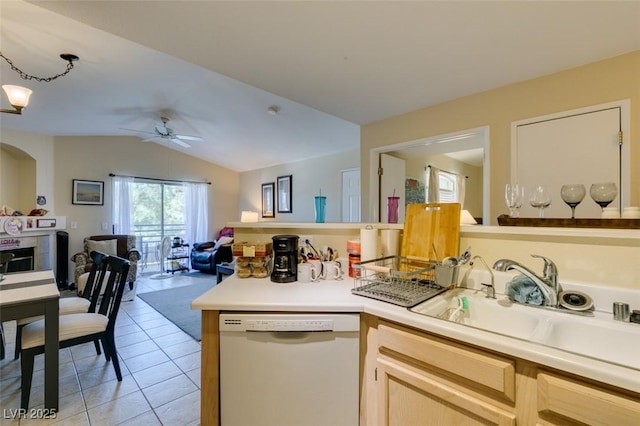 5415 W Harmon Ave Unit 2075, Las Vegas, NV 89103 - kitchen featuring dishwasher, open floor plan, light tile patterned floors, lofted ceiling, and a ceiling fan
