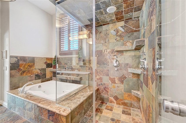 5224 Painted Lakes Way, Las Vegas, NV 89149 - bathroom featuring a tub with jets, a shower stall, and stone finish floors