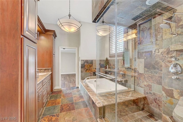 5224 Painted Lakes Way, Las Vegas, NV 89149 - bathroom with a tub with jets, a stall shower, stone tile flooring, and vanity
