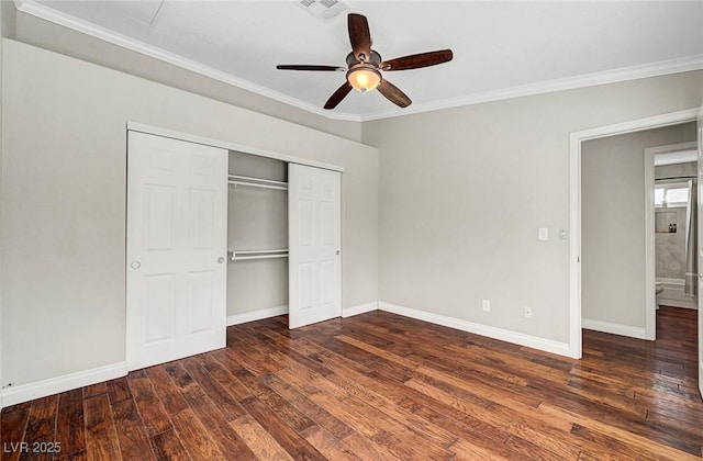 5224 Painted Lakes Way, Las Vegas, NV 89149 - unfurnished bedroom featuring hardwood / wood-style flooring, ornamental molding, a closet, and ceiling fan