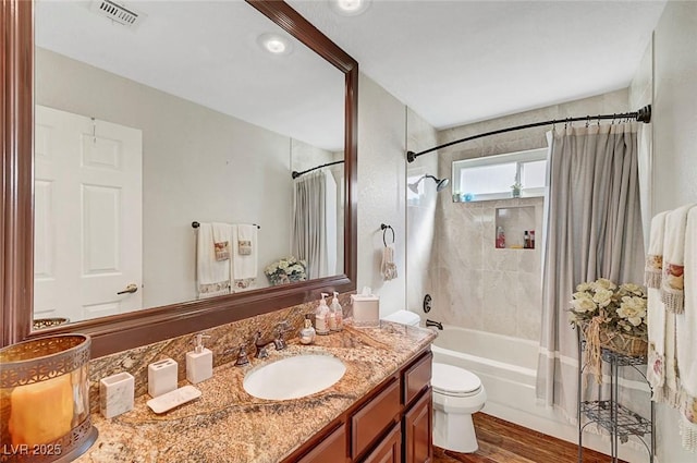 5224 Painted Lakes Way, Las Vegas, NV 89149 - bathroom featuring vanity, shower / tub combo with curtain, and wood finished floors