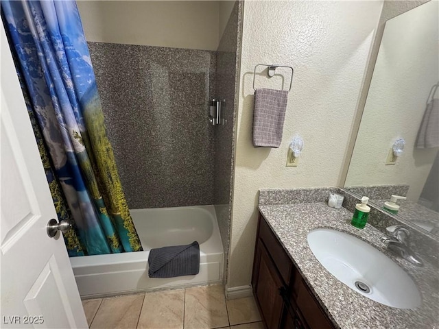 5499 Indian River Dr Unit 356, Las Vegas, NV 89103 - bathroom with vanity, shower / bath combo, tile patterned floors, and a textured wall