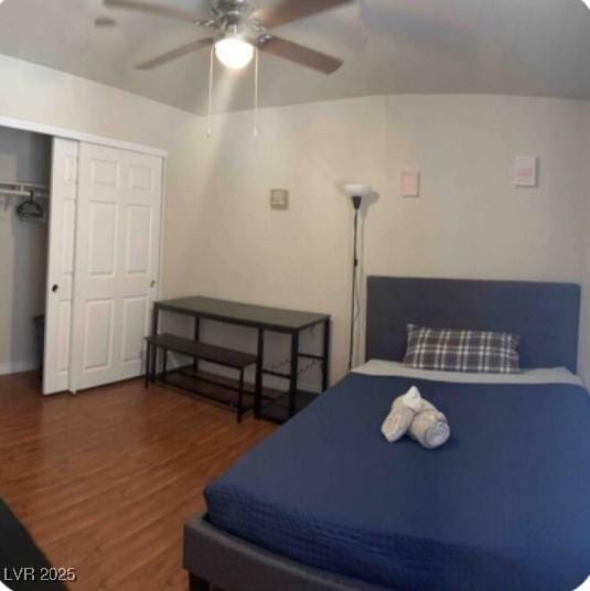 5499 Indian River Dr Unit 356, Las Vegas, NV 89103 - bedroom featuring wood finished floors, a closet, and ceiling fan