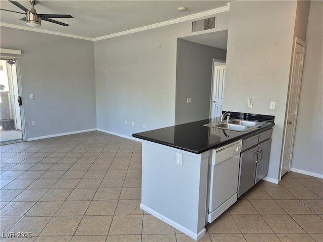 2900 Sunridge Heights Pkwy Unit 418, Henderson, NV 89052 - kitchen with dishwasher, dark countertops, ceiling fan, light tile patterned flooring, and crown molding
