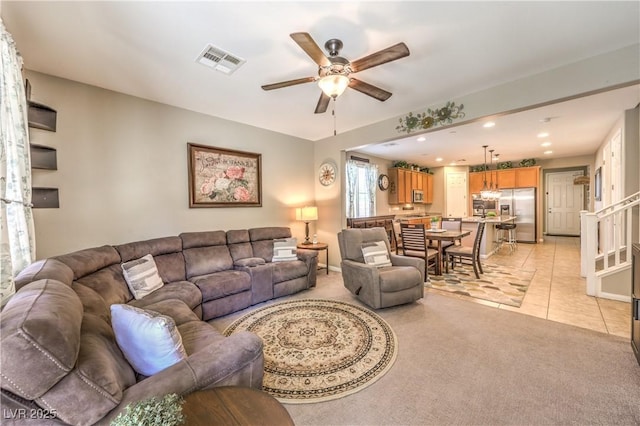 10961 Winter Rise St, Las Vegas, NV 89141 - living area featuring ceiling fan, light carpet, light tile patterned floors, and recessed lighting