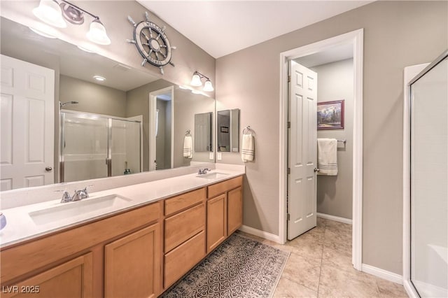 10961 Winter Rise St, Las Vegas, NV 89141 - full bathroom with a stall shower, double vanity, and tile patterned flooring