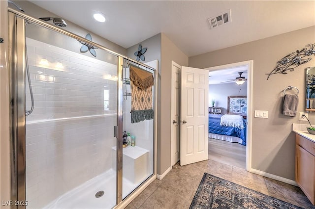 10961 Winter Rise St, Las Vegas, NV 89141 - ensuite bathroom with vanity, a stall shower, and ceiling fan