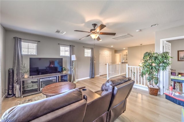 10961 Winter Rise St, Las Vegas, NV 89141 - living area featuring a ceiling fan, light wood-style flooring, and recessed lighting