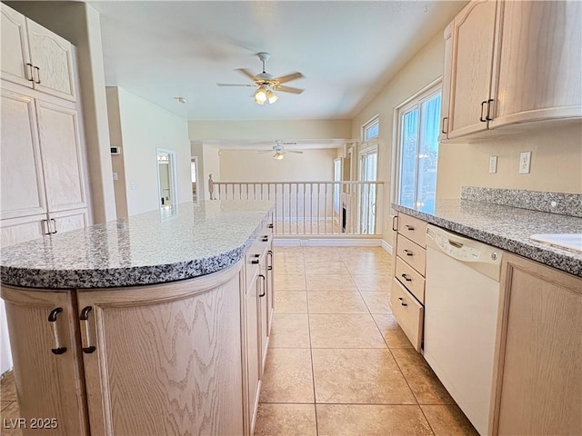 3679 Funston Way, Las Vegas, NV 89129 - kitchen featuring dishwasher, ceiling fan, a center island, light tile patterned floors, and light brown cabinetry