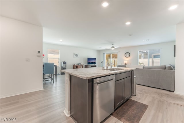 518 Descubir Ave, North Las Vegas, NV 89081 - kitchen with dishwasher, open floor plan, ceiling fan, light wood-type flooring, and recessed lighting