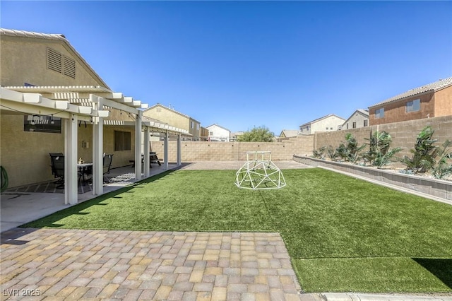 1208 Neva Ranch Ave, North Las Vegas, NV 89081 - fenced backyard featuring a pergola, a patio area, and a residential view