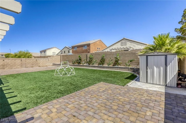 1208 Neva Ranch Ave, North Las Vegas, NV 89081 - fenced backyard with a storage unit and a patio