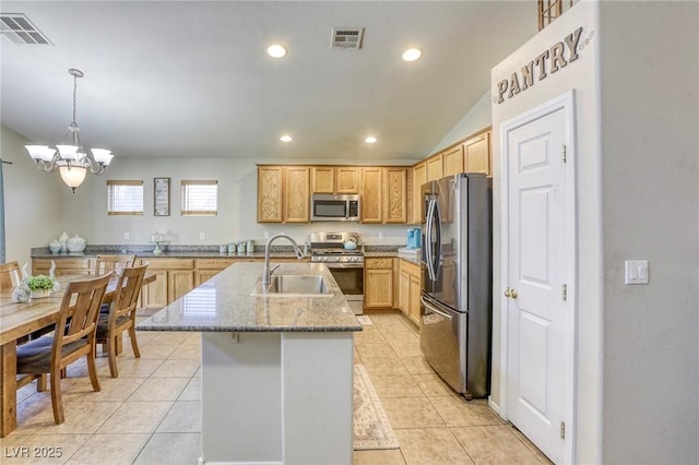 1208 Neva Ranch Ave, North Las Vegas, NV 89081 - kitchen featuring stainless steel appliances, a chandelier, recessed lighting, light stone countertops, and light tile patterned floors